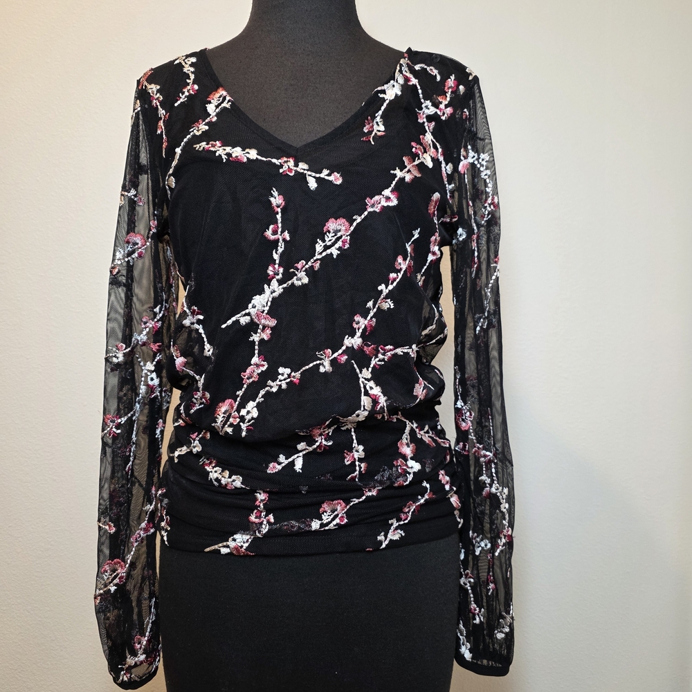 WHBM Black Mesh Floral Embroidered Blouse S Goth Dark Fairy Romantic Wicca